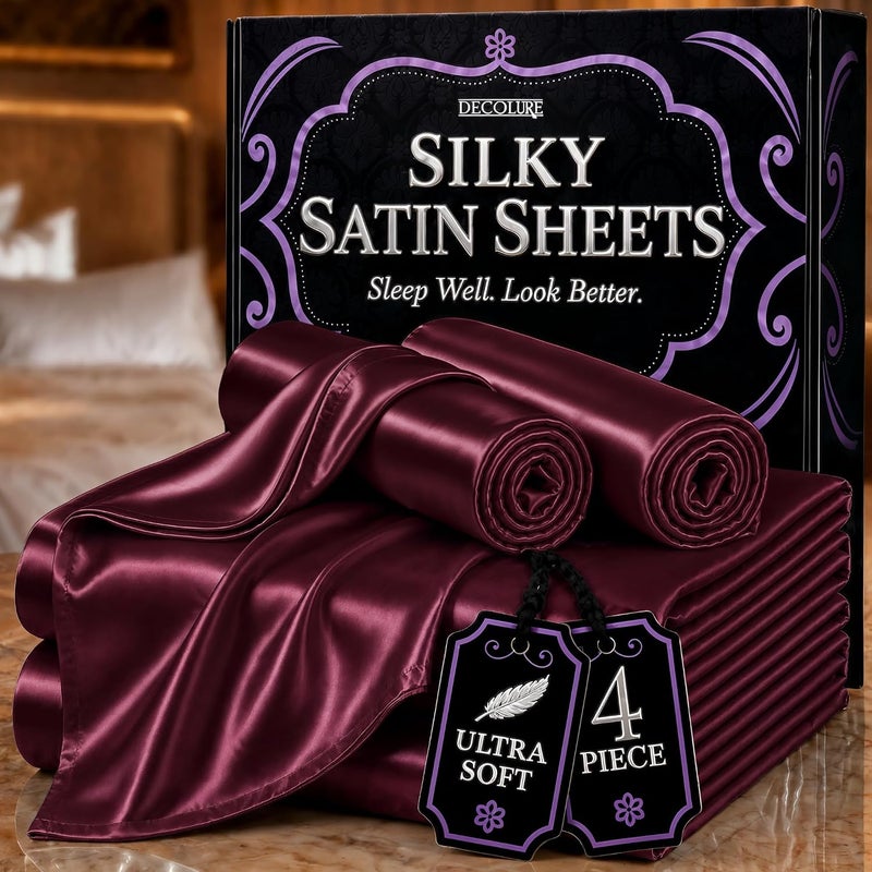 DECOLURE Satin Sheets Full Size Set 4 Pcs - Silky & Luxuriously Soft Satin Bed Sheets w/ 15inch Deep Pocket - Similar to Silk Sheets - Double Stitching, Wrinkle Free (Rosewood) - Image 1