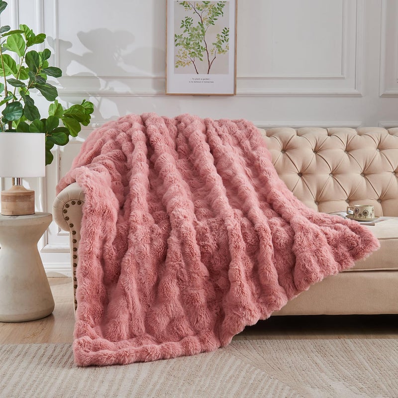 Lotus Karen Lotus Karen Faux Fur Blanket Old Pink Twin Size - Big Bubble Rabbit Fluff Blanket for Couch  Small Fluffy Fuzzy Cozy Blanket  Thick Furry Plush Shaggy Blankets  60x80 Inches  - Image 1
