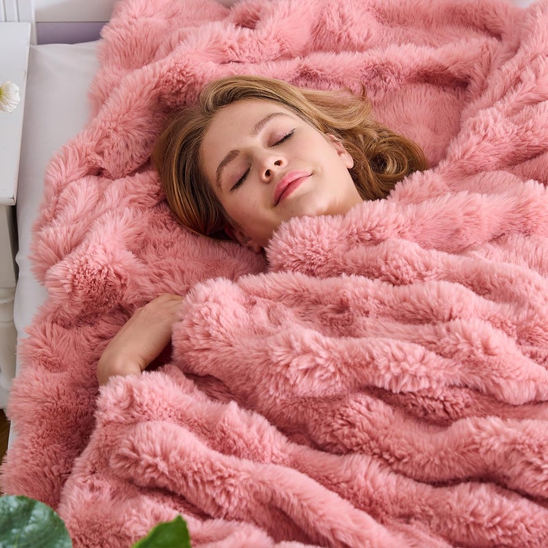 Lotus Karen Lotus Karen Faux Fur Blanket Old Pink Twin Size - Big Bubble Rabbit Fluff Blanket for Couch  Small Fluffy Fuzzy Cozy Blanket  Thick Furry Plush Shaggy Blankets  60x80 Inches  - Image 2