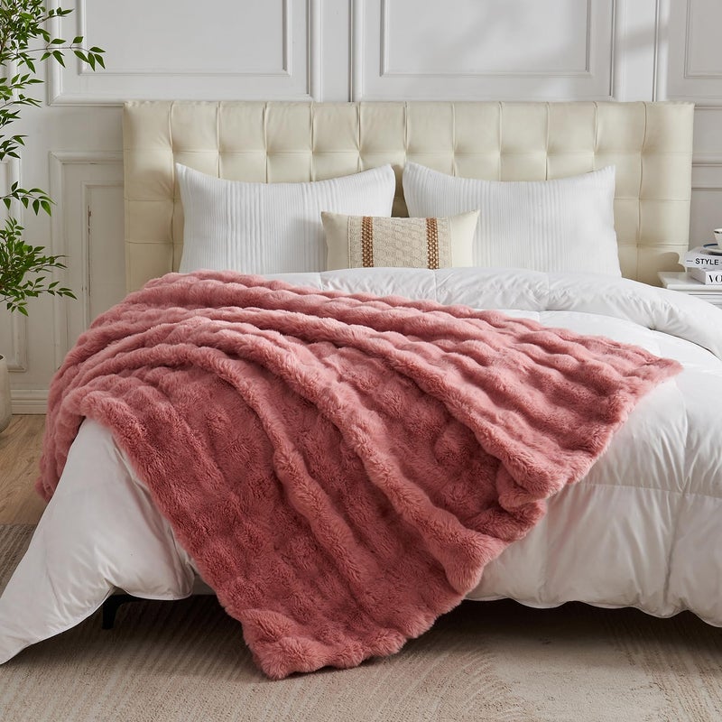 Lotus Karen Lotus Karen Faux Fur Blanket Old Pink Twin Size - Big Bubble Rabbit Fluff Blanket for Couch  Small Fluffy Fuzzy Cozy Blanket  Thick Furry Plush Shaggy Blankets  60x80 Inches  - Image 4