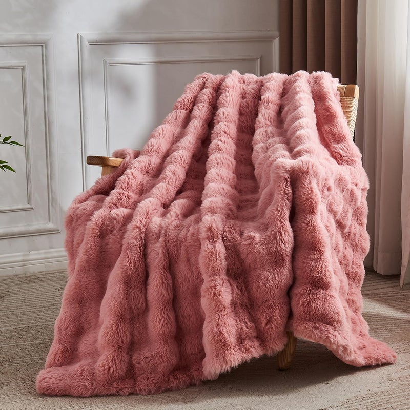 Lotus Karen Lotus Karen Faux Fur Blanket Old Pink Twin Size - Big Bubble Rabbit Fluff Blanket for Couch  Small Fluffy Fuzzy Cozy Blanket  Thick Furry Plush Shaggy Blankets  60x80 Inches  - Image 5