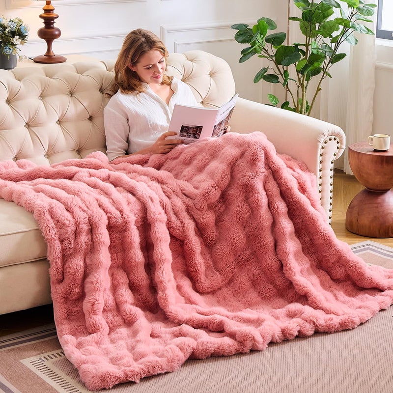 Lotus Karen Lotus Karen Faux Fur Blanket Old Pink Twin Size - Big Bubble Rabbit Fluff Blanket for Couch  Small Fluffy Fuzzy Cozy Blanket  Thick Furry Plush Shaggy Blankets  60x80 Inches  - Image 3