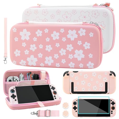 GLDRAM Cherry Blossom Carrying Case for Nintendo Switch 2 PinkWhite Girly Accessories Kit with Portable Travle Storage Bag Cute Protective Cover Screen Protector Sakura Thumb Grips Wrist Strap - Image 1