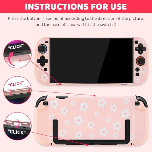 GLDRAM Cherry Blossom Carrying Case for Nintendo Switch 2 PinkWhite Girly Accessories Kit with Portable Travle Storage Bag Cute Protective Cover Screen Protector Sakura Thumb Grips Wrist Strap - Image 3