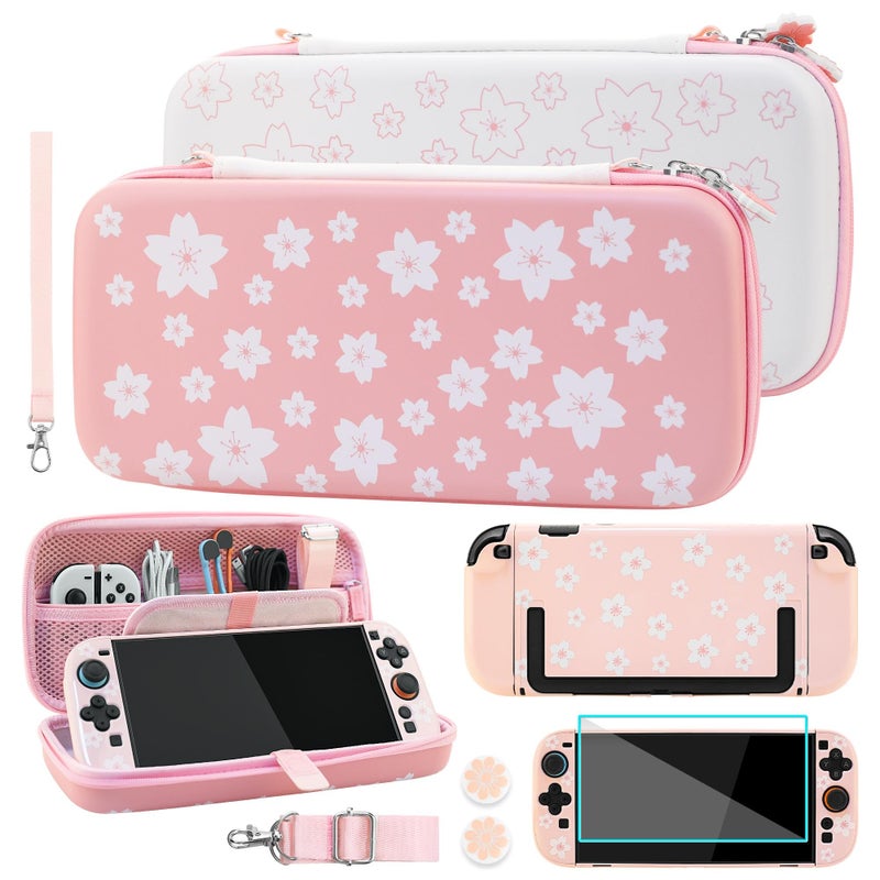 GLDRAM Cherry Blossom Carrying Case for Nintendo Switch 2 PinkWhite Girly Accessories Kit with Portable Travle Storage Bag Cute Protective Cover Screen Protector Sakura Thumb Grips Wrist Strap - Image 2
