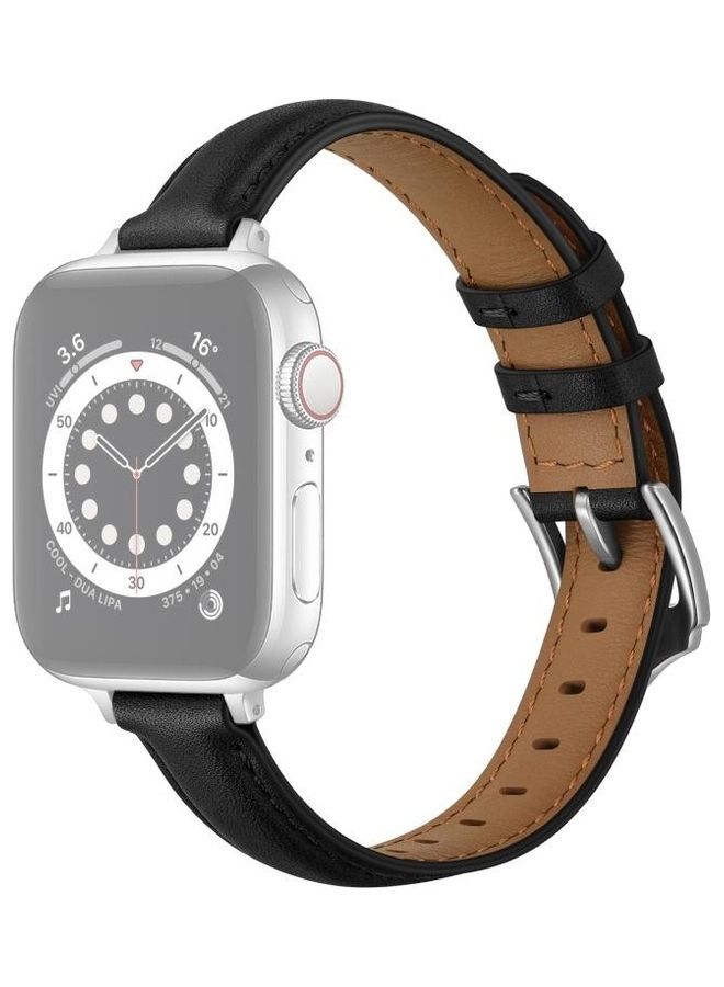 NIBEMINENT Business Style Leather Replacement Strap Watchband For Apple Watch Series 7/6/5/4/3/2/1/SE 38/40/41mm Black/Silver Buckle - Image 1