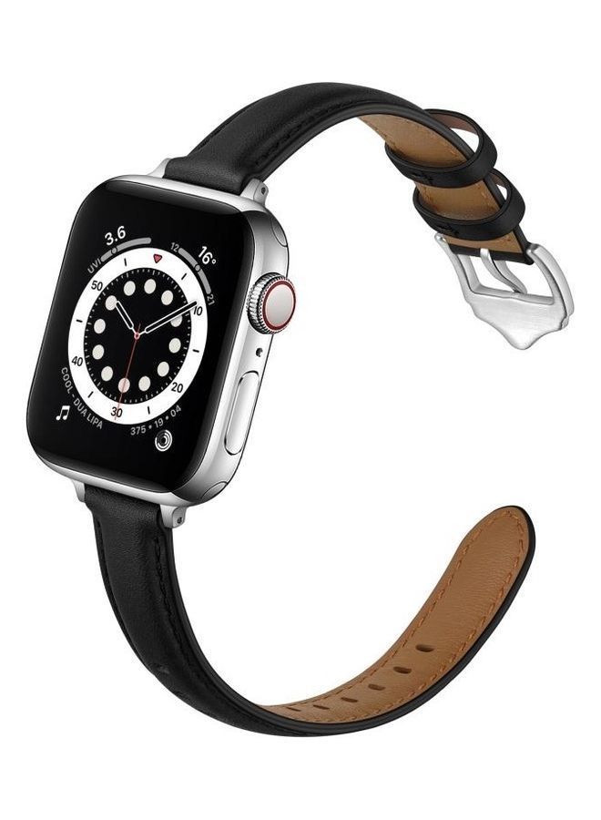 NIBEMINENT Business Style Leather Replacement Strap Watchband For Apple Watch Series 7/6/5/4/3/2/1/SE 38/40/41mm Black/Silver Buckle - Image 2
