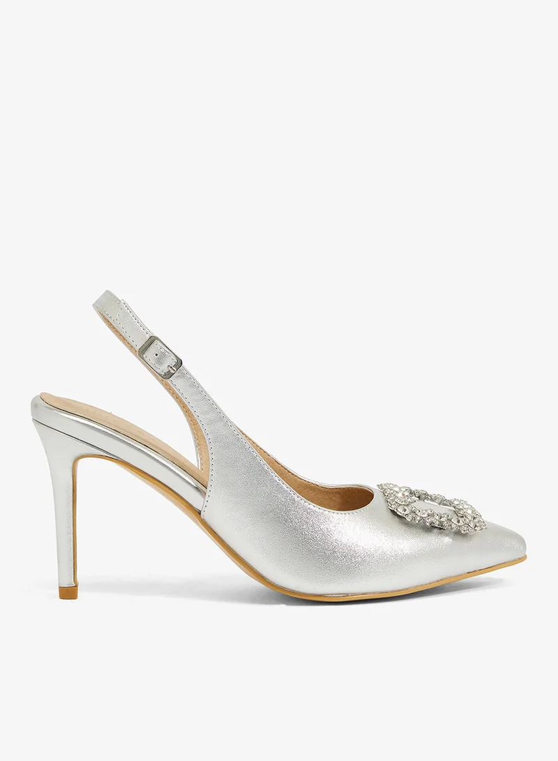 Aurora crystal slingback in silver fabric, pointed toe, crystal strap, stiletto heel