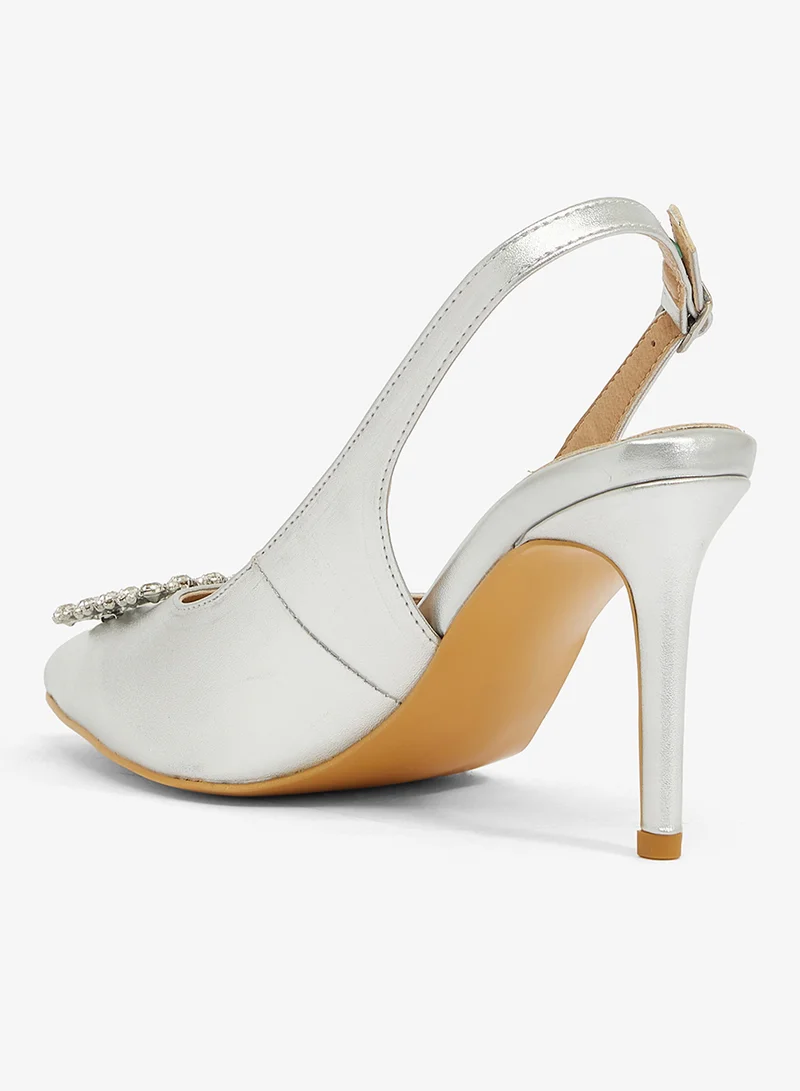 Khizana Silver Aurora crystal slingback in silver fabric, pointed toe, crystal strap, stiletto heel for Women | Best Price UAE