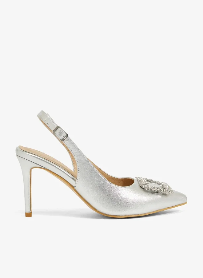 Khizana Aurora crystal slingback in silver fabric, pointed toe, crystal strap, stiletto heel