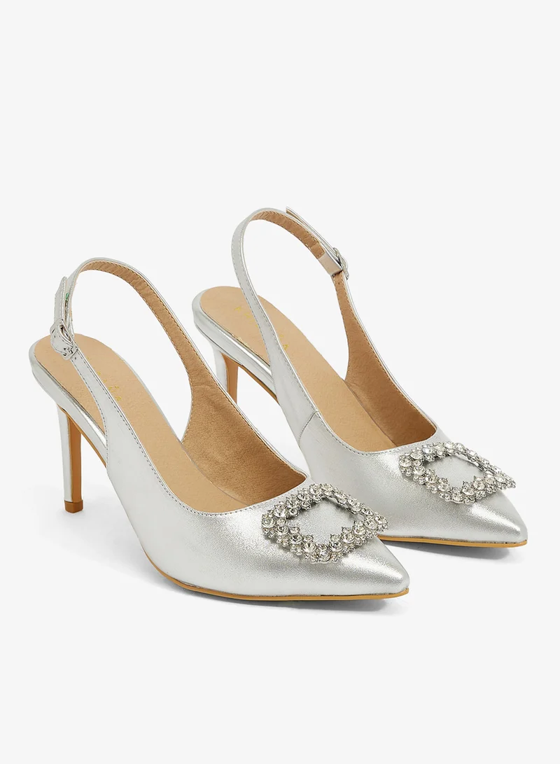 Khizana Silver Aurora crystal slingback in silver fabric, pointed toe, crystal strap, stiletto heel for Women | Best Price UAE