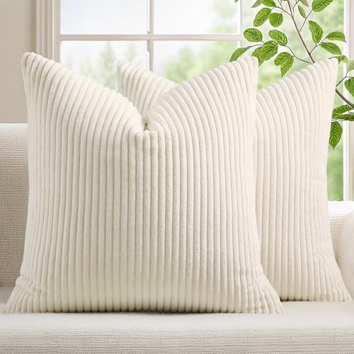Mecatny Corduroy Summer Decorative Throw Pillow Covers 22x22 Set of 2 for Sofa Living Room Soft Neutral Boho Couch Pillow Covers for Home Decor Cream White - Image 1
