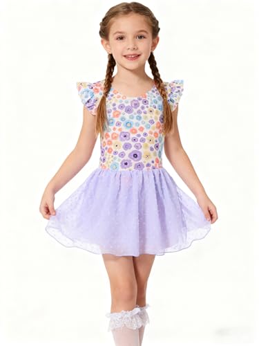 Funnycokid Ballet Leotard for Girls Dance Leotards with Skirt Toddler 5T Ruffle Sleeve Ballerina Outfit Size 5 - Image 2