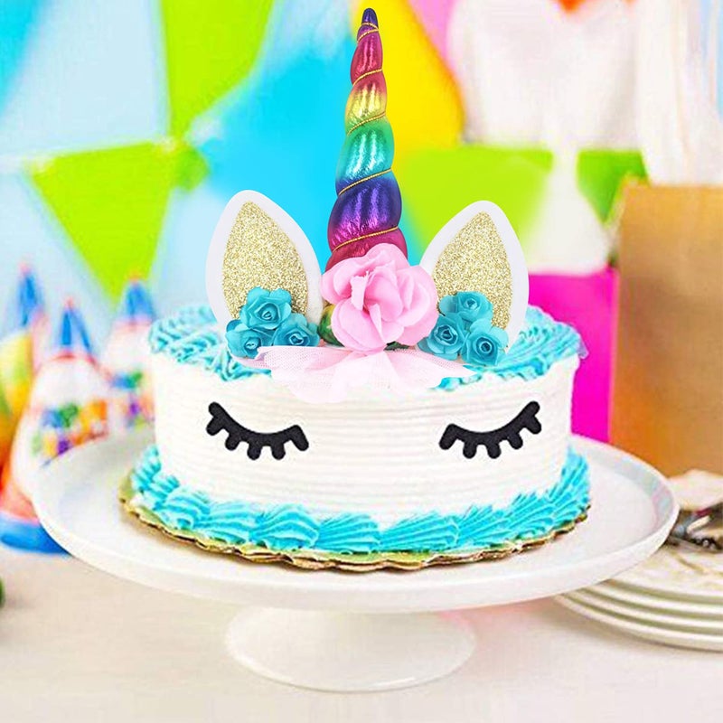 OWILL Unicorn Cake Topper with Eyelashes Party Cake Decoration Supplies for Birthday Party Wedding Baby Shower 5.8 inch (Green Flower Multicolour Horn) - Image 2
