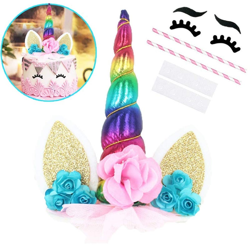 OWILL Unicorn Cake Topper with Eyelashes Party Cake Decoration Supplies for Birthday Party Wedding Baby Shower 5.8 inch (Green Flower Multicolour Horn) - Image 1