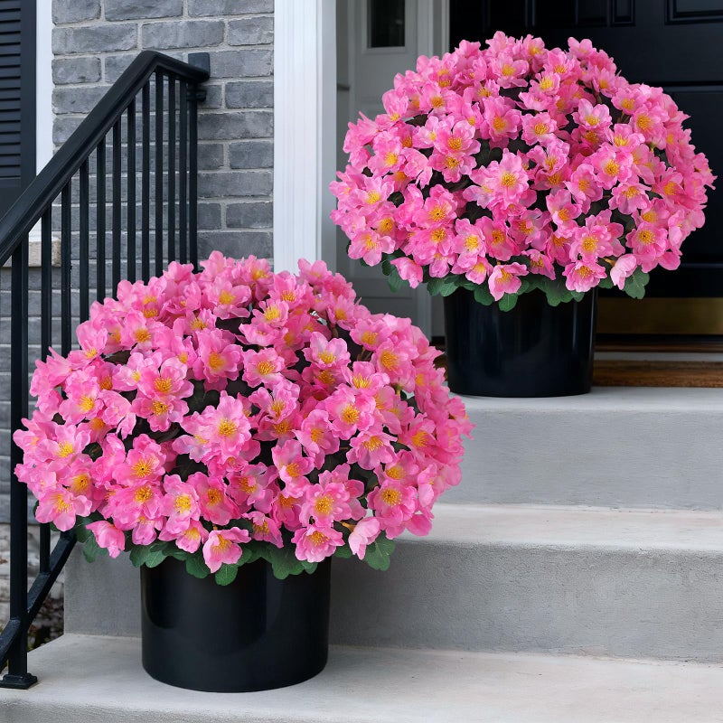 Juxdp 2 Sets of Artificial Camellia Topiary Ball Trees - Fake Flower Potted Plants, UV Resistant Faux Camellia Potted Bushes for Front Door, Farmhouse, Porch, Garden, Outdoor Decoration (Pink) - Image 1