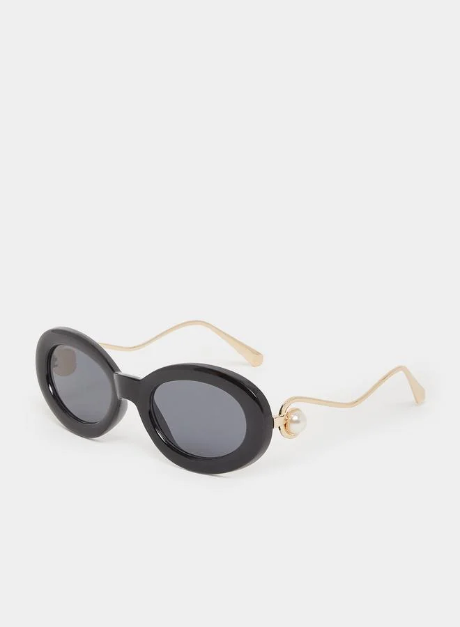 Black Oval Sunglasses with Pearl Detail