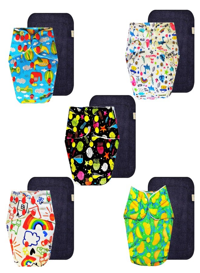 حفاضات قماشية فاخرة من دمبلدو مع حشوة سوداء (عبوة من 5) | مضادة للحساسية | مانعة للتسرب | سهلة التنظيف | مثالية لفصل الصيف الهندي | من 3 أشهر إلى 3 سنوات | مناسبة للجنسين - Image 1