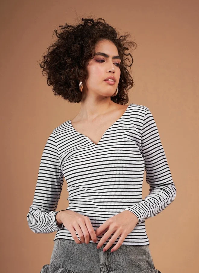 SASSAFRAS Striped V-Neck Long Sleeve Top for Women