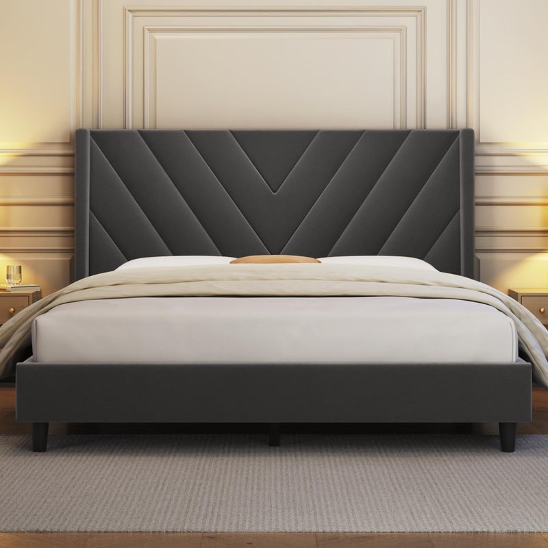 Yaheetech Queen Bed Frame Upholstered Platform Bed with Wing SideWooden Slat SupportTufted Headboard with Wing SideMattress FoundationNo Box Spring NeededDark Gray Queen Bed