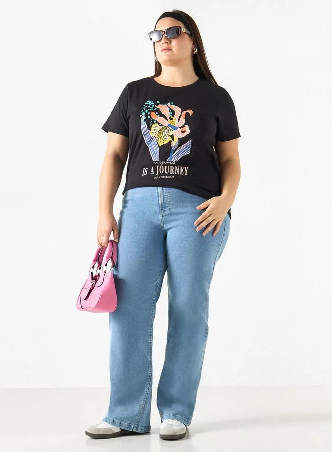 Ulla Popken Plus Size Ulla Popken Graphic Print T-shirt with Crew Neck