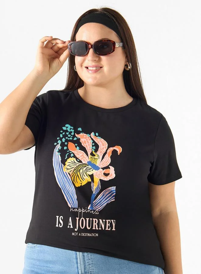 Ulla Popken Plus Size Ulla Popken Graphic Print T-shirt with Crew Neck