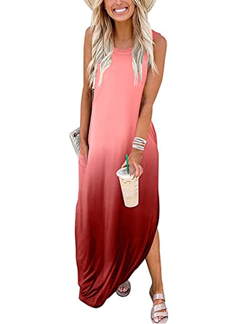 Loquat New Women's Crewneck Sleeveless Gradual Color Print Dress