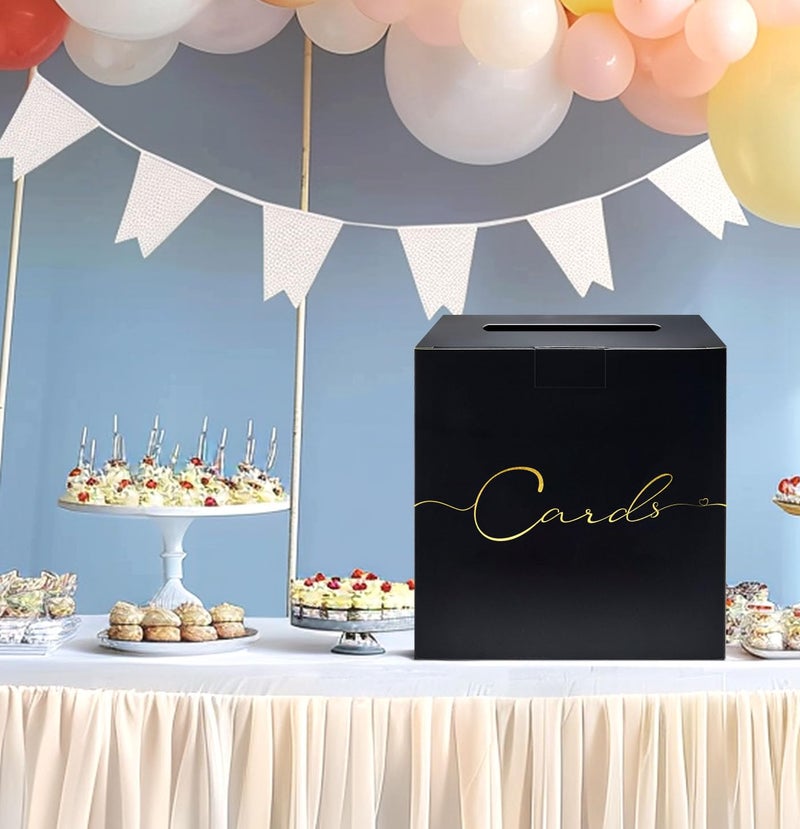 HEIPINIUYE Large Card Box for Party 9.8" x 9.8" Black Gift Card Box Holder with Gold Foil Design for Wedding Birthday Baby Shower Retirement Graduation Party Raffle Box - Image 4