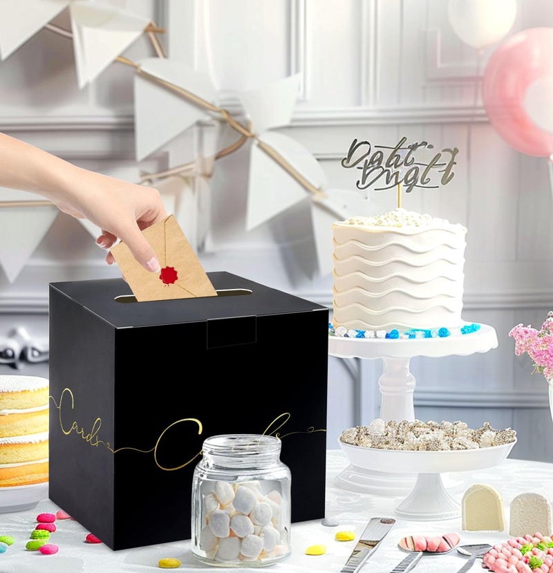 HEIPINIUYE Large Card Box for Party 9.8" x 9.8" Black Gift Card Box Holder with Gold Foil Design for Wedding Birthday Baby Shower Retirement Graduation Party Raffle Box - Image 5