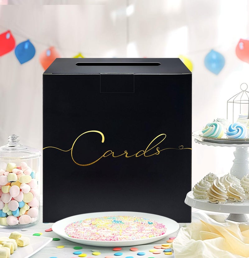 HEIPINIUYE Large Card Box for Party 9.8" x 9.8" Black Gift Card Box Holder with Gold Foil Design for Wedding Birthday Baby Shower Retirement Graduation Party Raffle Box - Image 3