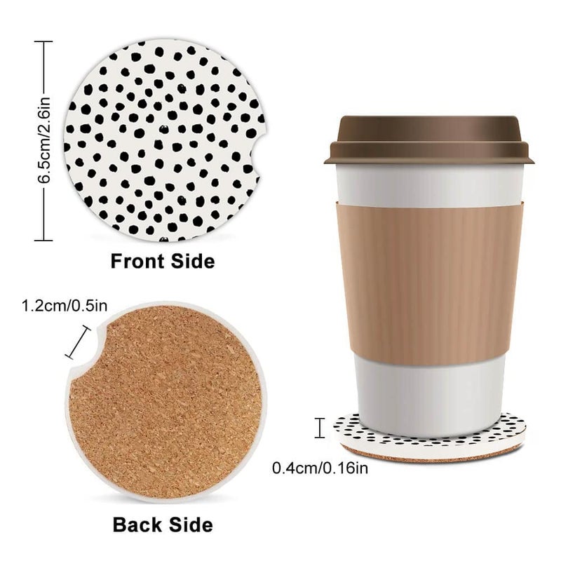 SXboxing Absorbent Car Cupholder Coaster 2 Pack,Ceramic Stone with a Finger Notch for Women & Lady,Cork Base Drink Coasters 2.56 Inch,Cute Auto Accessories Gifts - Cute Black Polka Dot - Image 2