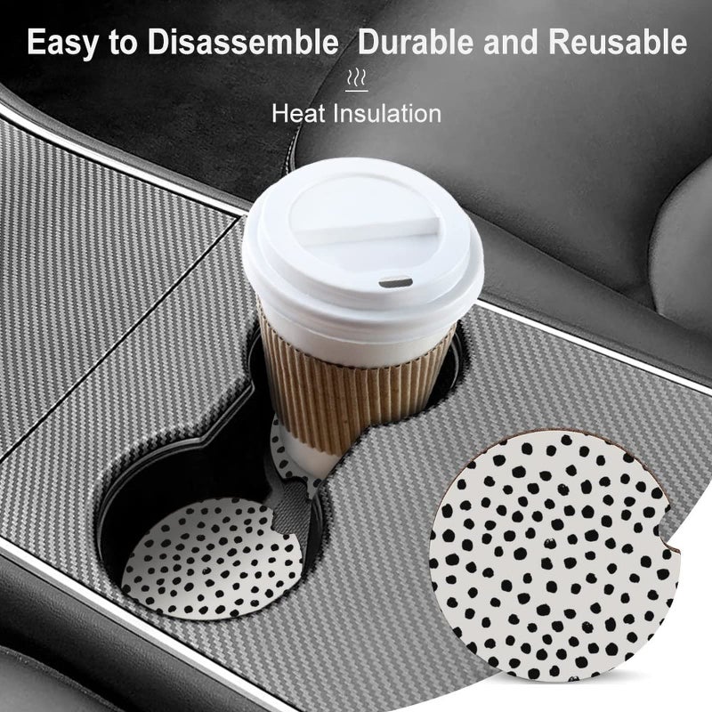 SXboxing Absorbent Car Cupholder Coaster 2 Pack,Ceramic Stone with a Finger Notch for Women & Lady,Cork Base Drink Coasters 2.56 Inch,Cute Auto Accessories Gifts - Cute Black Polka Dot - Image 4
