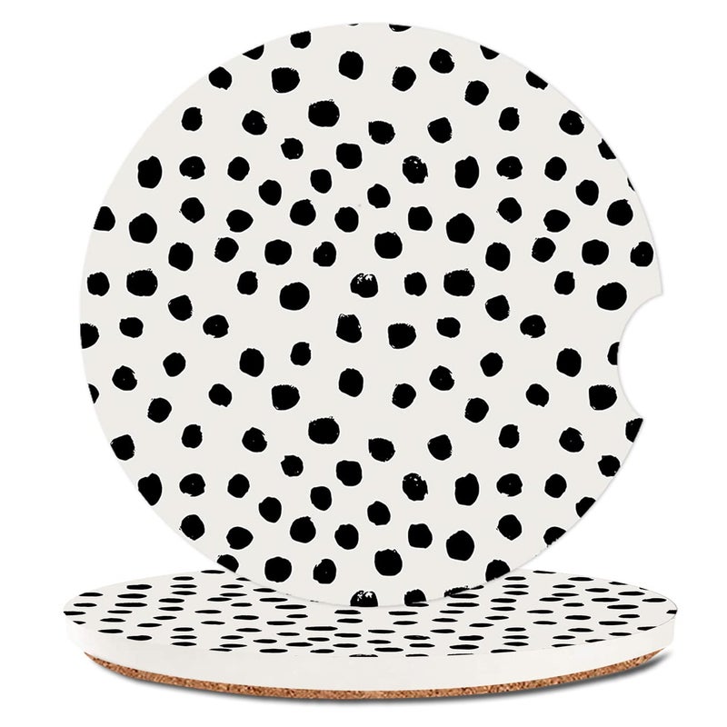 SXboxing Absorbent Car Cupholder Coaster 2 Pack,Ceramic Stone with a Finger Notch for Women & Lady,Cork Base Drink Coasters 2.56 Inch,Cute Auto Accessories Gifts - Cute Black Polka Dot - Image 1