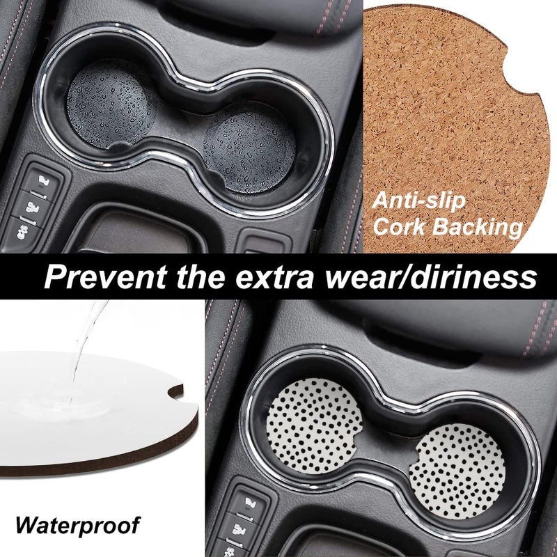 SXboxing Absorbent Car Cupholder Coaster 2 Pack,Ceramic Stone with a Finger Notch for Women & Lady,Cork Base Drink Coasters 2.56 Inch,Cute Auto Accessories Gifts - Cute Black Polka Dot - Image 5