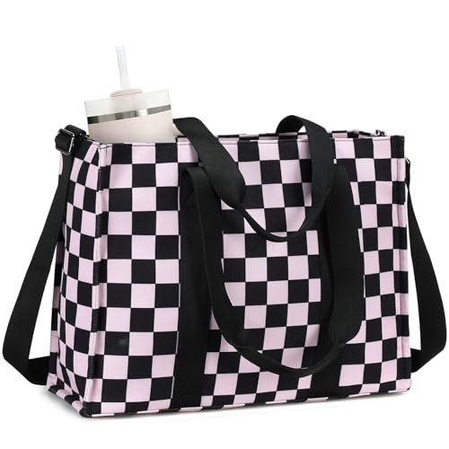 BTOOP Laptop Tote Bag for Women Work 156 inch Canvas Shoulder Bags Computer Messenger Purse Teacher Handbag Office Briefcase BlckPink Checkered - Image 1