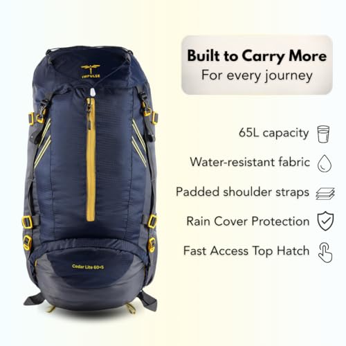 Impulse 65L Travel bag with Rain Cover | Water Resistant | Shoe Compartment | Padded Adjustable Shoulder Straps & Waist Belt | Ideal for Hiking, Camping & Travel Rucksack Backpack- Blue |1 Year Warranty - Image 3
