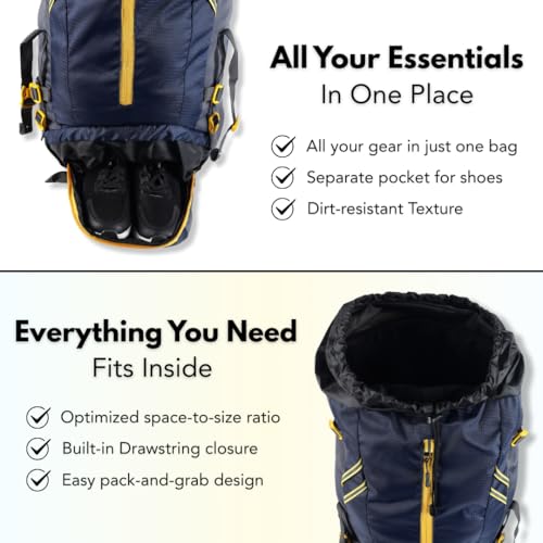 Impulse 65L Travel bag with Rain Cover | Water Resistant | Shoe Compartment | Padded Adjustable Shoulder Straps & Waist Belt | Ideal for Hiking, Camping & Travel Rucksack Backpack- Blue |1 Year Warranty - Image 4