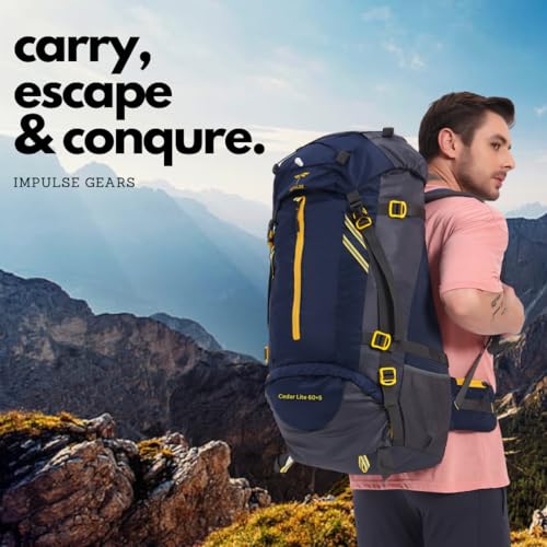 Impulse 65L Travel bag with Rain Cover | Water Resistant | Shoe Compartment | Padded Adjustable Shoulder Straps & Waist Belt | Ideal for Hiking, Camping & Travel Rucksack Backpack- Blue |1 Year Warranty - Image 2