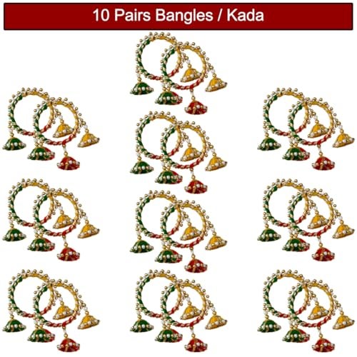 Saugat Traders Return Gifts for Women Gota Patti Bangles with Hangings for Pooja Varalakshmi Vratham, Wedding, Haldi Ceremony, Mehndi Function, Bridal Shower Gifting (10 Pairs) - Image 2