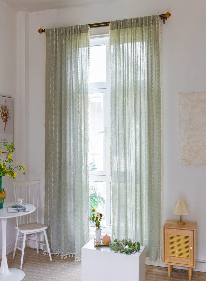 BCLBUSTE Boho Curtains Embroidery Striped Linen Curtains 96 Inches Long 2 Panels for Bedroom Sage Green Farmhouse Curtains Bohemian Light Filtering Window Curtains for Living Room(52" W x 96" L,Sage Green) - Image 3