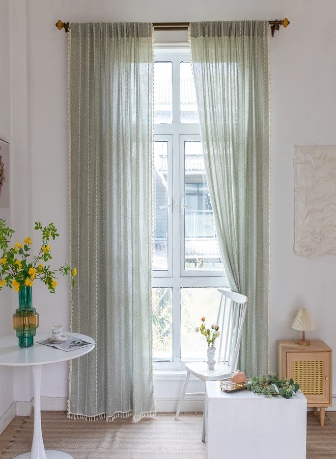 BCLBUSTE Boho Curtains Embroidery Striped Linen Curtains 96 Inches Long 2 Panels for Bedroom Sage Green Farmhouse Curtains Bohemian Light Filtering Window Curtains for Living Room(52" W x 96" L,Sage Green) - Image 2