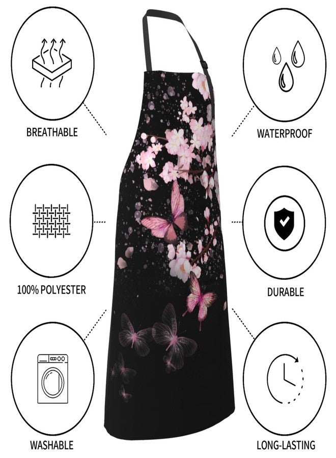 DZGlobal Cherry Blossom Apron with Pockets - Pink Flowers Black Cooking Aprons Adjustable Kitchen Bib for Men Women Chef Gardening Baking - Image 5
