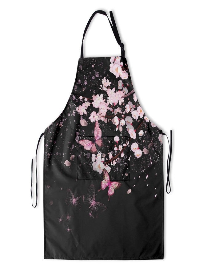 DZGlobal Cherry Blossom Apron with Pockets - Pink Flowers Black Cooking Aprons Adjustable Kitchen Bib for Men Women Chef Gardening Baking - Image 1