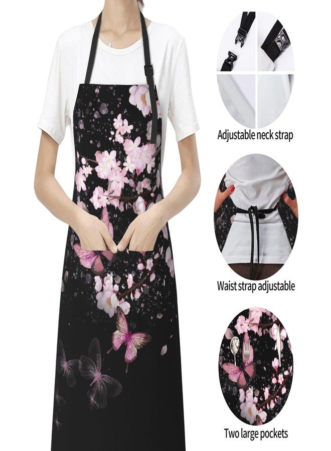 DZGlobal Cherry Blossom Apron with Pockets - Pink Flowers Black Cooking Aprons Adjustable Kitchen Bib for Men Women Chef Gardening Baking - Image 3