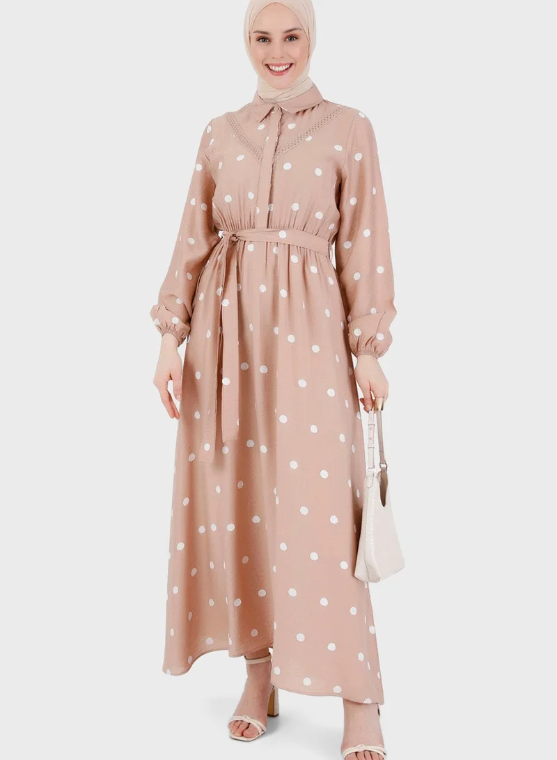 Refka by modanisa Belted Puff Sleeve Printed Dress