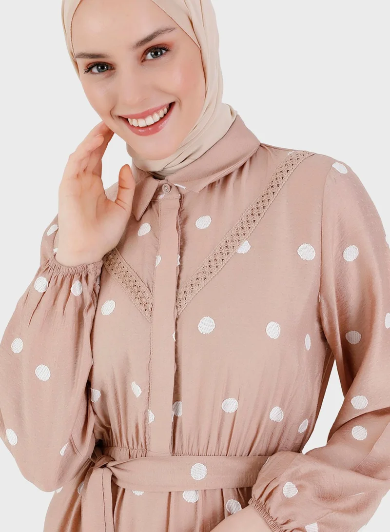 Refka by modanisa Belted Puff Sleeve Printed Dress