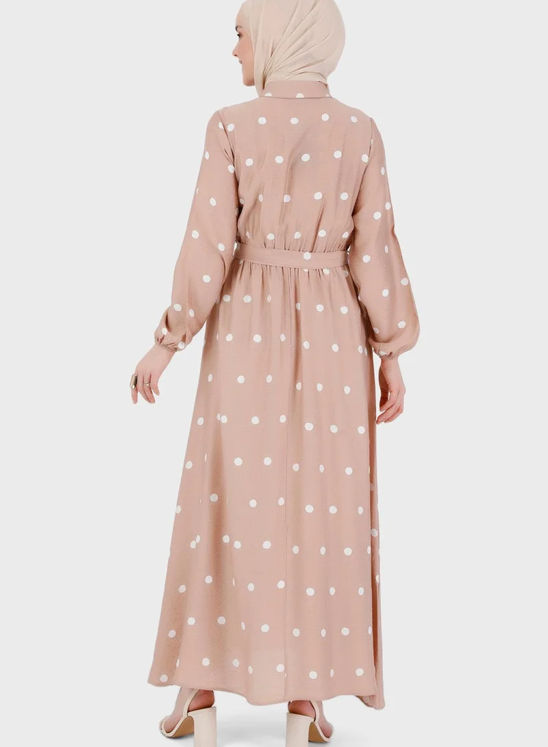 Refka by modanisa Belted Puff Sleeve Printed Dress