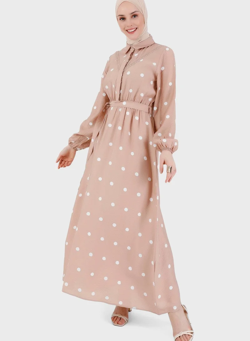 Refka by modanisa Belted Puff Sleeve Printed Dress