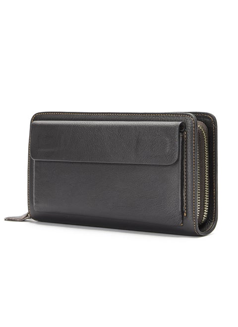 Genuine Leather Mens Clutch Large Capacity Double Zip Wallet Coffee-Double Pull