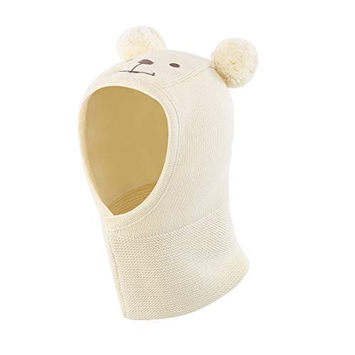 LLmoway Toddler Boys Girls Winter Warm Hat Kids Knit Fleece Earflap Scarf Hood Hat with Pom White - Image 1